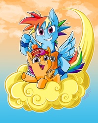 Size: 2650x3338 | Tagged: safe, artist:graystripe64, rainbow dash, scootaloo, pegasus, pony, g4, clothes, cloud, cloudy, dragon ball, dragon ball z, female, filly, hat, kinto'un, mare, open mouth, parody, smiling, son gohan, son goku