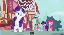 Size: 646x358 | Tagged: safe, screencap, pinkie pie, rarity, spike, twilight sparkle, g4, the ticket master, eyes closed, frown, idiot, raised eyebrow, raised hoof, smiling, youtube caption