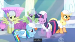 Size: 631x357 | Tagged: safe, screencap, applejack, merry may, parasol, rainbow dash, twilight sparkle, g4, sonic rainboom (episode), ei, hub logo, youtube caption