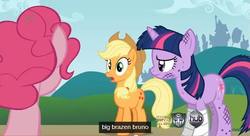 Size: 638x348 | Tagged: safe, screencap, applejack, pinkie pie, twilight sparkle, g4, hub logo, hubble, the hub, youtube caption