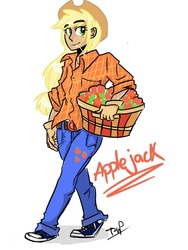 Size: 900x1200 | Tagged: safe, artist:coin-trip39, applejack, human, g4, apple, basket, female, hay stalk, humanized, solo, straw in mouth