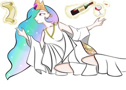 Size: 2332x1677 | Tagged: safe, artist:blossomxdexter4eva, princess celestia, human, g4, female, glass, humanized, levitation, magic, scroll, simple background, solo, wine