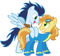 Size: 3000x2837 | Tagged: safe, artist:maximillianveers, braeburn, soarin', earth pony, pegasus, pony, g4, accessory swap, alternate clothes, clothes, clothes swap, duo, gay, goggles, high res, male, ship:soarburn, shipping, simple background, stallion, transparent background, uniform, vector, wonderbolts uniform