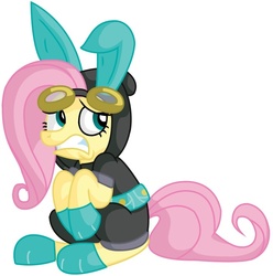 Size: 704x710 | Tagged: safe, artist:epicchamoo, fluttershy, pegasus, pony, g4, bunny ears, clothes, dangerous mission outfit, female, flutterspy, goggles, hoodie, mare, simple background, solo, white background
