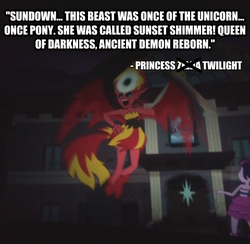 Size: 480x469 | Tagged: safe, screencap, sunset shimmer, twilight sparkle, demon, equestria girls, g4, my little pony equestria girls, image macro, sunset satan, the legend of zelda