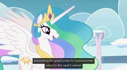 Size: 639x355 | Tagged: safe, screencap, princess celestia, g4, sonic rainboom (episode), ei, female, hub logo, solo, youtube caption