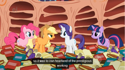 Size: 640x358 | Tagged: safe, screencap, applejack, pinkie pie, rarity, twilight sparkle, g4, book, golden oaks library, hub logo, hubble, iran, library, the hub, youtube caption