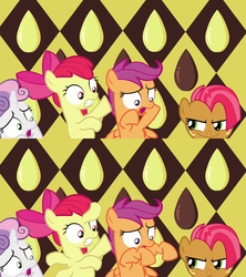 Size: 1280x1440 | Tagged: safe, artist:capnpea, edit, apple bloom, babs seed, scootaloo, sweetie belle, g4, cutie mark crusaders, fimbriae, i can't believe it's not dtkraus, mutant, wat