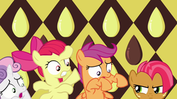 Size: 1280x720 | Tagged: safe, artist:capnpea, edit, apple bloom, babs seed, scootaloo, sweetie belle, g4, cutie mark crusaders