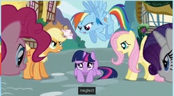 Size: 649x361 | Tagged: safe, screencap, applejack, fluttershy, pinkie pie, rainbow dash, rarity, twilight sparkle, g4, the ticket master, female, mane six, youtube caption