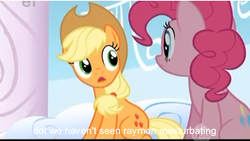 Size: 638x361 | Tagged: safe, screencap, applejack, pinkie pie, g4, sonic rainboom (episode), ei, hub logo, youtube caption