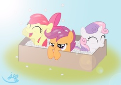 Size: 1700x1188 | Tagged: safe, artist:bugplayer, apple bloom, scootaloo, sweetie belle, earth pony, pegasus, pony, unicorn, g4, bite mark, box, cardboard box, cutie mark crusaders, female, filly, happy, packaging peanuts, pony in a box, unamused, varying degrees of want