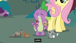 Size: 638x359 | Tagged: safe, screencap, fluttershy, spike, bird, chipmunk, ferret, mouse, rabbit, squirrel, weasel, dragonshy, g4, boris yeltsin, youtube caption