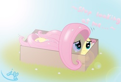 Size: 1570x1062 | Tagged: safe, artist:bugplayer, fluttershy, pegasus, pony, g4, box, cardboard box, cute, female, flutterbox, mare, packaging peanuts, pony in a box, prone, shy, shyabetes, solo