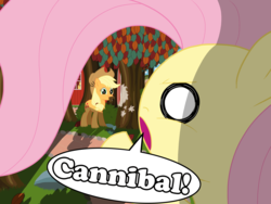 Size: 4000x3000 | Tagged: safe, artist:bugplayer, applejack, fluttershy, earth pony, pegasus, pony, g4, cannibalism, caught, duo, duo female, eating, female, mare, nom, pointing, shocked, tree, wat, wide eyes