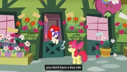 Size: 638x359 | Tagged: safe, edit, edited screencap, screencap, apple bloom, twist, earth pony, pony, call of the cutie, g4, butt, caption, female, filly, foal, plot, text, youtube caption