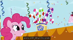 Size: 645x361 | Tagged: safe, screencap, pinkie pie, g4, candy cane, confetti, female, smiling, solo, youtube caption