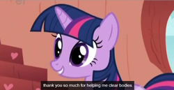 Size: 638x330 | Tagged: safe, screencap, twilight sparkle, g4, sonic rainboom (episode), ei, female, golden oaks library, implied murder, solo, youtube caption