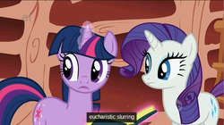 Size: 640x358 | Tagged: safe, screencap, rarity, twilight sparkle, pony, unicorn, g4, sonic rainboom (episode), ei, female, golden oaks library, hub logo, mare, unicorn twilight, youtube caption