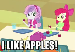 Size: 344x241 | Tagged: safe, edit, edited screencap, screencap, apple bloom, scootaloo, sweetie belle, equestria girls, g4, my little pony equestria girls, apple, captain obvious, cutie mark crusaders, image macro