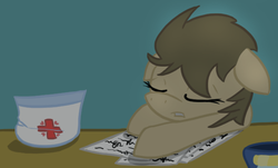 Size: 593x358 | Tagged: safe, artist:lilliesinthegarden, doctor whooves, time turner, g4, desk, exhausted, hat, male, night, nurse turner, paper, sleeping, solo