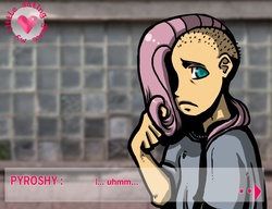 Size: 1300x1000 | Tagged: safe, artist:towercorp, fluttershy, human, g4, dating sim, humanized, parody, pyroshy, visual novel