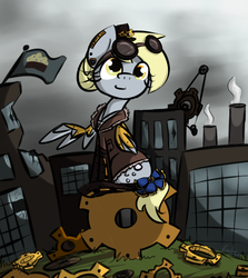 Size: 576x645 | Tagged: safe, artist:lilliesinthegarden, derpy hooves, pegasus, pony, g4, bow, chimney, clothes, cog, cute, factory, female, flag, goggles, hat, jacket, mare, muffin, pulley, sitting, smoke, smoke stack, solo, steampunk, tail wrap, wheel, window