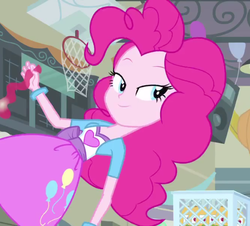 Size: 567x512 | Tagged: safe, screencap, pinkie pie, equestria girls, g4, my little pony equestria girls, apple cider, balloon, bedroom eyes, bracelet, clothes, female, jewelry, skirt, solo