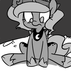 Size: 800x800 | Tagged: safe, artist:sasukeoreo, princess luna, g4, female, filly, monochrome, sitting, solo, woona, younger