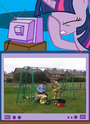 Size: 562x771 | Tagged: safe, twilight sparkle, g4, baby swing, disturbing, exploitable meme, facehoof, fail, firefighter, meme, nostalgia, stupidity, swing, tv meme