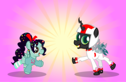 Size: 1106x723 | Tagged: safe, artist:alisonwonderland1951, changelingified, ponified, sugar rush, turbo, turbo-tastic, vanellope von schweetz, wreck-it ralph