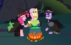Size: 2604x1659 | Tagged: safe, artist:ellissummer, fluttershy, gummy, pinkie pie, twilight sparkle, earth pony, pegasus, pony, unicorn, g4, angry, beer, cauldron, costume, discworld, fire, granny weatherwax, hat, macbeth, magrat garlick, nanny ogg, nom, scared, shoes, sitting, william shakespeare, witch, witchcraft, wyrd sisters