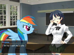 Size: 799x598 | Tagged: safe, rainbow dash, human, pegasus, pony, g4, crossover, dialogue, female, katawa shoujo, mare, partially open wings, wings