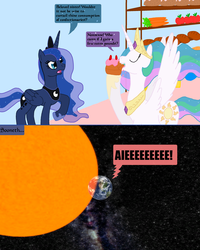 Size: 1600x2005 | Tagged: safe, artist:hakar-kerarmor, princess celestia, princess luna, g4, and that's how equestria was unmade, cake, cakelestia, red giant, sun, ye olde butcherede englishe