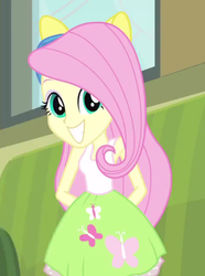 Size: 394x530 | Tagged: safe, screencap, fluttershy, equestria girls, g4, my little pony equestria girls, cat ears, clothes, female, fourth wall, pony ears, skirt, solo