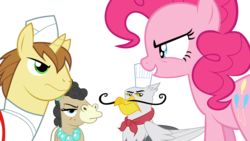 Size: 6000x3373 | Tagged: safe, artist:lisa400, donut joe, gustave le grande, mulia mild, pinkie pie, griffon, g4, mmmystery on the friendship express, marzipan mascarpone meringue madness, show trace, simple background, transparent background, vector