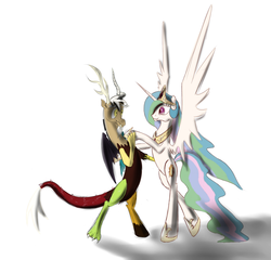 Size: 1500x1440 | Tagged: safe, artist:spacehunt, discord, princess celestia, g4, canterlot, dancing, female, male, ship:dislestia, shipping, straight, tango