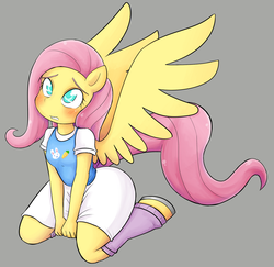 Size: 1280x1246 | Tagged: safe, artist:basketgardevoir, fluttershy, anthro, unguligrade anthro, g4, ambiguous facial structure, blushing, clothes, cute, female, flattershy, flutterthighs, leg warmers, skirt, solo