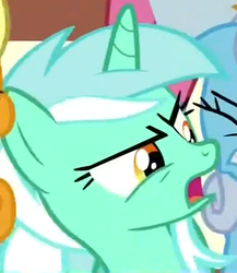 Size: 501x578 | Tagged: safe, screencap, carrot top, golden harvest, linky, lyra heartstrings, shoeshine, pony, unicorn, g4, one bad apple, season 3, angry, bust, cropped, female, frown, golden eyes, lyra is not amused, mare, offscreen character, open frown, open mouth, portrait, reaction image, solo focus, teal coat, teal fur, teal hair, teal mane, teal pony, two toned hair, two toned mane, unamused