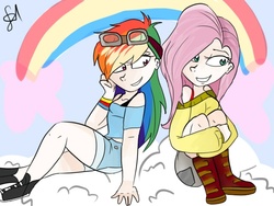 Size: 640x480 | Tagged: safe, artist:gi-cca, fluttershy, rainbow dash, human, g4, clothes, duo, female, humanized, lesbian, off shoulder, ship:flutterdash, shipping, shoulder shirt, sweater, sweatershy, t-shirt