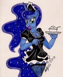 Size: 1202x1468 | Tagged: safe, artist:newyorkx3, princess luna, anthro, g4, bedroom eyes, breasts, cleavage, clothes, duster, female, fishnet stockings, ice cream, maid, simple background, solo, traditional art