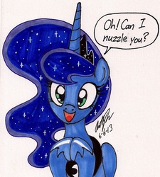 Size: 954x1058 | Tagged: safe, artist:newyorkx3, princess luna, alicorn, pony, g4, :d, bronybait, clapping, cute, female, happy, looking at you, lunabetes, mare, nuzzling, open mouth, simple background, smiling, solo, traditional art, white background