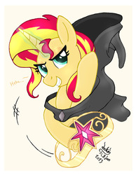 Size: 930x1200 | Tagged: safe, artist:joakaha, sunset shimmer, pony, unicorn, g4, element of magic, female, grin, hood, magic, simple background, solo