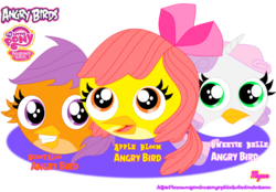 Size: 7200x5000 | Tagged: dead source, safe, artist:meganlovesangrybirds, apple bloom, scootaloo, sweetie belle, bird, g4, absurd resolution, angry birds, birdified, crossover, cutie mark crusaders, female, horn, horned bird, simple background, species swap, transparent background, trio, trio female