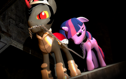 Size: 1680x1050 | Tagged: safe, artist:valkyrie1312, king sombra, twilight sparkle, pony, unicorn, g4, 3d, bad end, chains, collar, female, horn, leash, male, mare, mouth hold, slave, source filmmaker, stallion