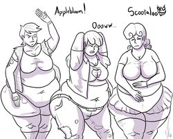 Size: 1500x1200 | Tagged: safe, artist:dragon-storm, apple bloom, scootaloo, sweetie belle, human, g4, apple blob, bbw, belly button, clothes, curly bloom, cutie mark crusaders, fat, humanized, larry belle, monochrome, muffin top, obese, older, pants, scootalard, scootamoe, skirt, stretch mark crusaders, sweetie belly, the three stooges, torn clothes