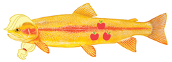 Size: 1326x479 | Tagged: safe, artist:diabeetusdragon, applejack, fish, trout, g4, female, fishified, not salmon, simple background, solo, species swap, that's totally a salmon, wat, white background