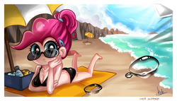 Size: 1050x600 | Tagged: safe, artist:chch, pinkie pie, human, g4, bikini, clothes, female, humanized, ocean, solo, summer, sunglasses, swimsuit, tumblr