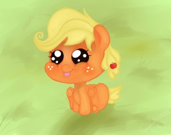 Size: 3425x2716 | Tagged: safe, artist:falloutmuse, applejack, g4, female, foal, sitting, solo, tongue out