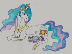 Size: 1024x771 | Tagged: safe, artist:gingaweedfan1, princess celestia, twilight sparkle, g4, filly, hoers, momlestia, prone